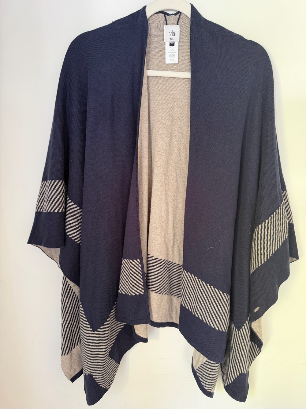 CAbi Reversible Wrap Sweater Poncho M/L Navy Taupe Stripe #3163